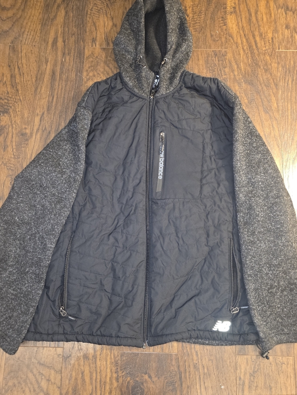 New Balance Men’s Black Quilted Body with Gray Knit Sleeve Hooded Jacket